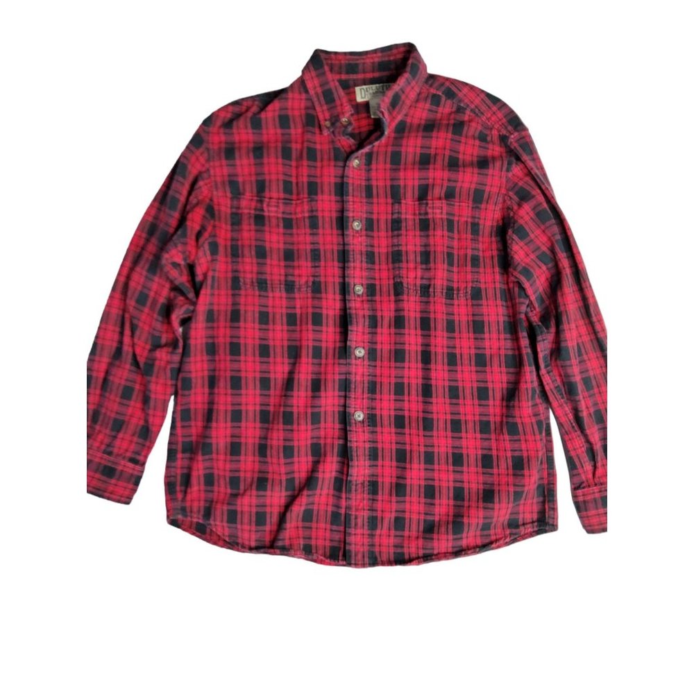 duluth mens large long sleeve button down car red relaxed fit flannel shirt.